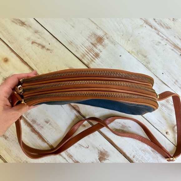 VALENTINA Genuine Leather purse Multi Zipper Crossbody Bag navy blue brown EUC - Picture 11 of 15